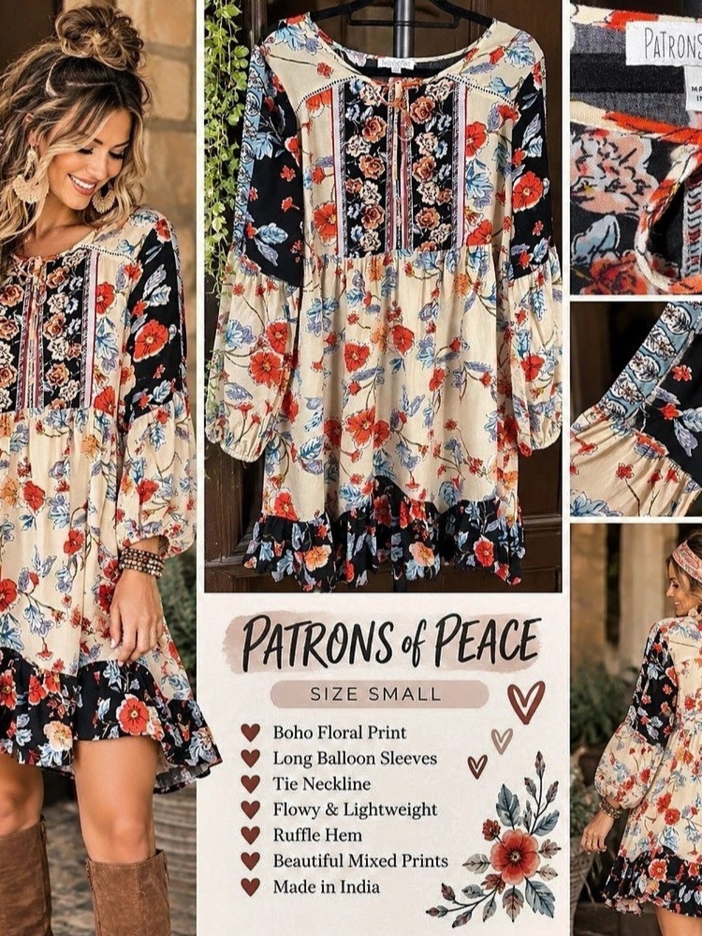 Patrons of Peace Boho Floral Mixed Print Long Sleeve Ruffle Hem Dress Mini Dress
